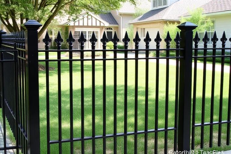 Approved example: Aluminum in wrought iron style. Open picket metal fence, black finish.
