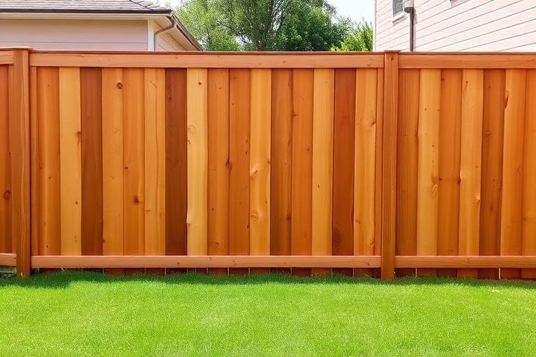 Approved example: 6 ft wood privacy, stained. Stained cedar privacy fence at the 6 ft limit.